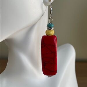 HAND CRAFTED RED HOWLITE DANGLE EARRINGS Bohemian Southwestern Statement Chunky